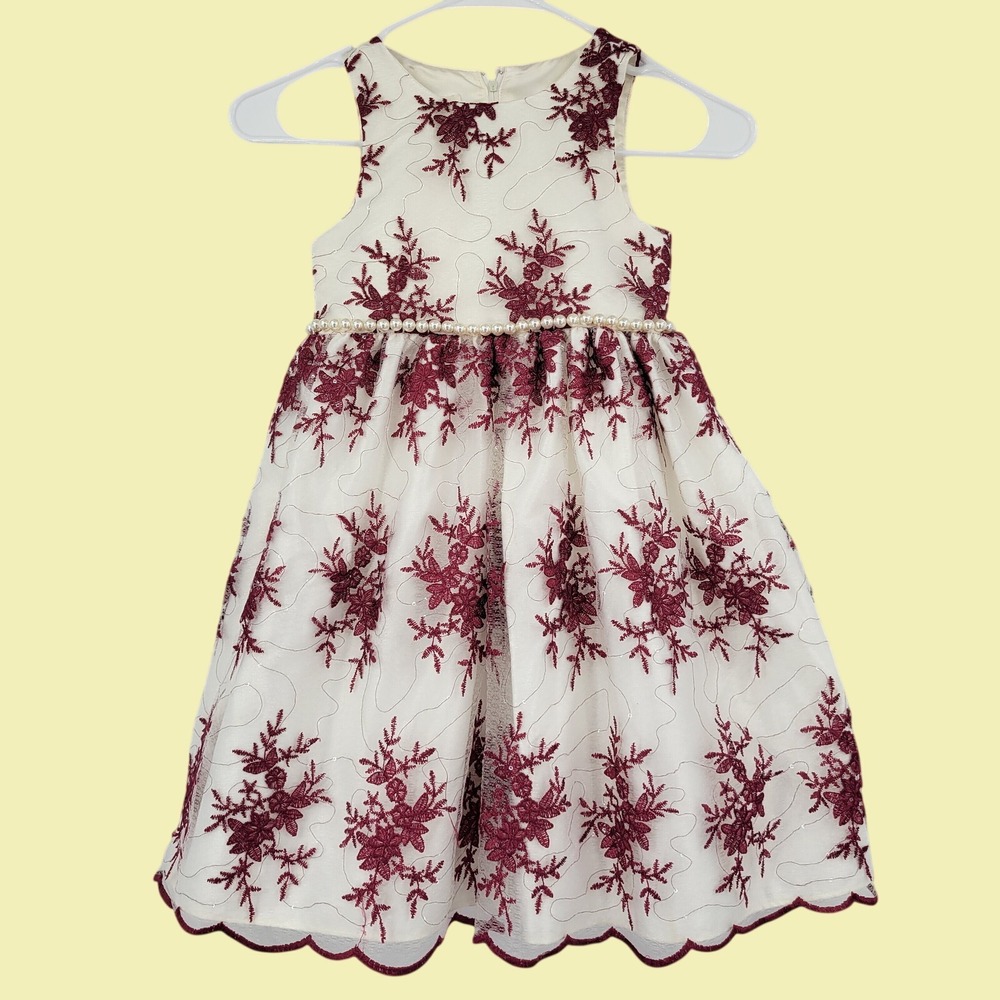 Floral Embroidered Dress Kids Size 6 White Burgundy Pearl Waist Tulle